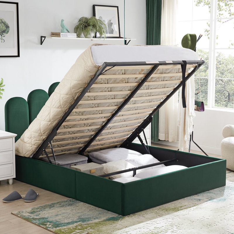 Velvet Palm-shaped Headboard Queen Bed Frame with Lift Up Storage, No Box Spring Needed, Green, Green, Queen