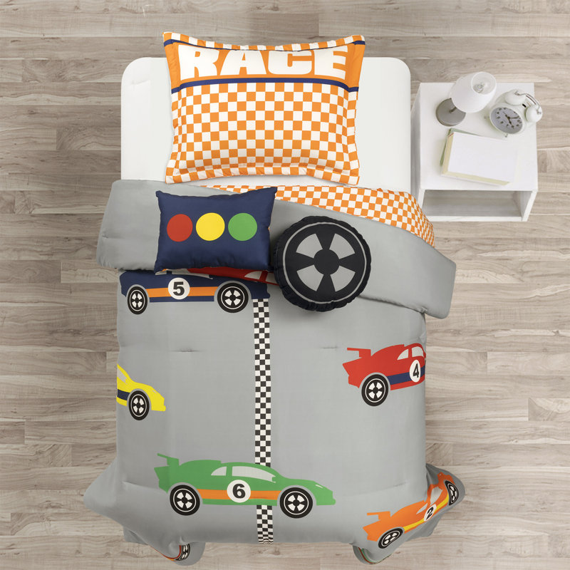 Lush Decor Racing Cars Reversible Comforter Set, Gray/Orange, Twin Comforter + 3 Standard Shams