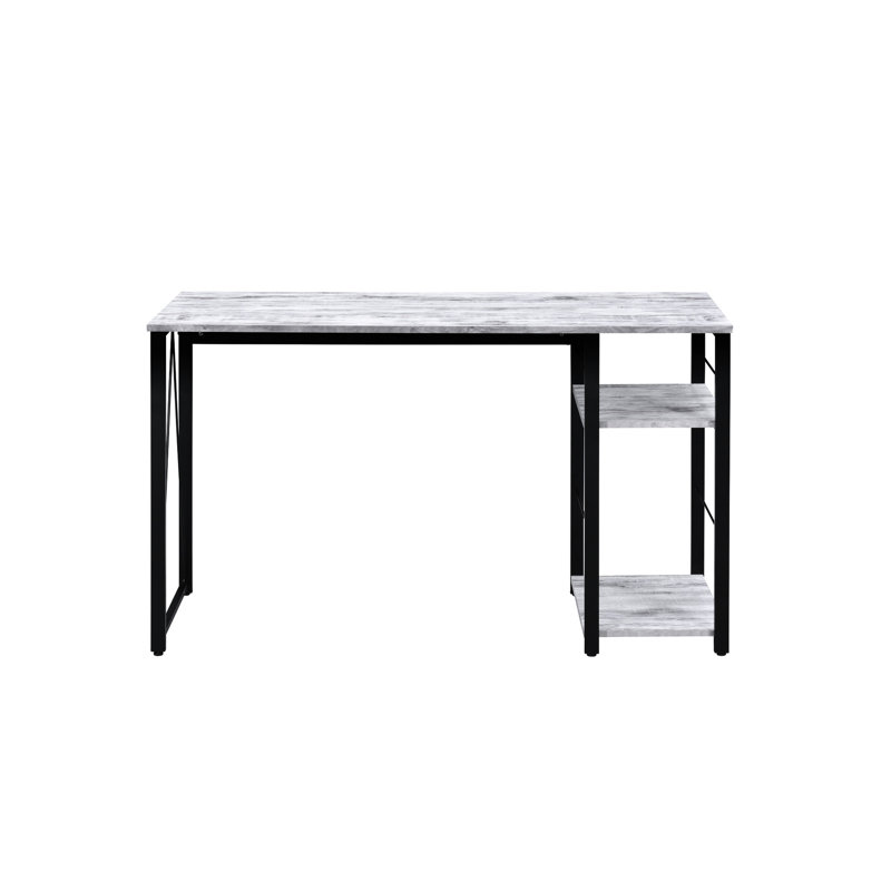 Bureau rectangulaire avec tablettes à 2 niveaux en blanc antique et noir et base en métal, Blanc antique