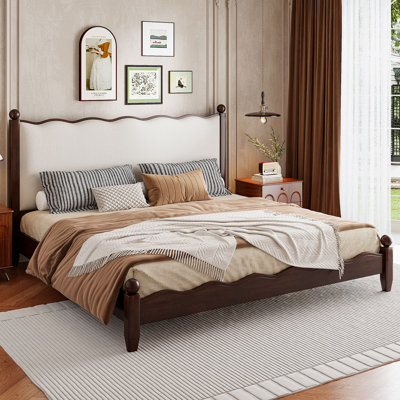 King Size Wood Platform Bed with Upholstered Headboard, Espresso Frame & Beige Fabric