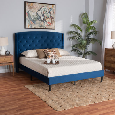 Midred Joanna Modern And Contemporay Grey Velvet Fabric Upholstered And Dark Brown Finished Wood Queen Size Platform Bed