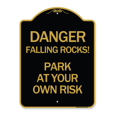 Enseigne Signmission Designer Series - danger de chute de roches! - Garez-vous à vos risques et périls | Enseigne architecturale noire et dorée en aluminium de gros calibre 18 po x 24 po | Protégez votre entreprise | Fabriqué aux États-Unis