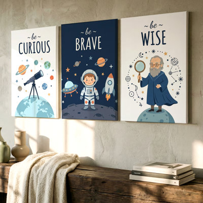 3 pièces, art mural inspirant, thème de l'espace pour la décoration de chambre d'enfant, trois pièces d'art mural pour le salon, la chambre à coucher et le bureau, aspect encadré