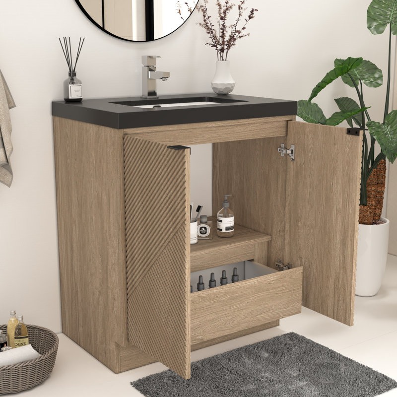 Ensemble de meuble-lavabo autoportant 29,5 po avec lavabo en acrylique noir Monterey, Marron clair