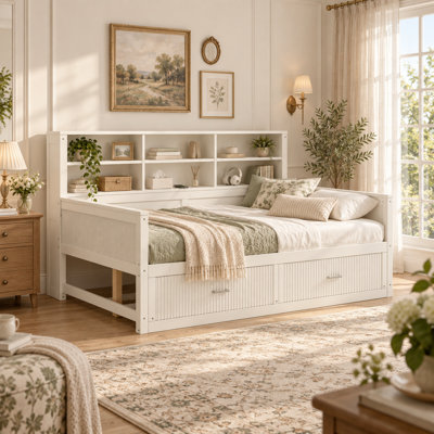 Ines  Full Wooden Daybed with Charging Station, 6 Storage Shelves & 2 Underbed Drawers, Fluted Panel Platform Bed Frame