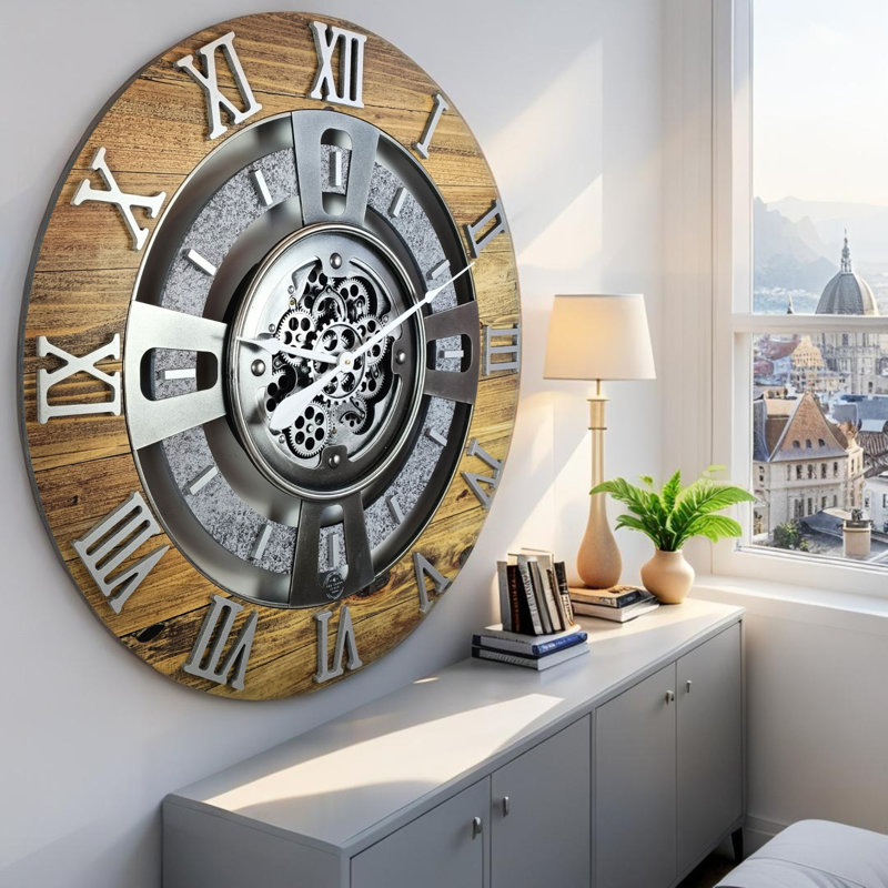 Solid Wood Wall Clock, Wood Stone, Oversize 91.4cm