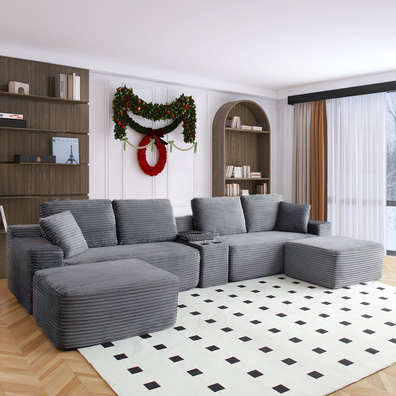 Boneless Chifley 150.50" W U-Shaped Modular Corduroy Sectional,Cup Holders,USB Charge,with 2 Ottoman,No Assembly Required Boneless Couch