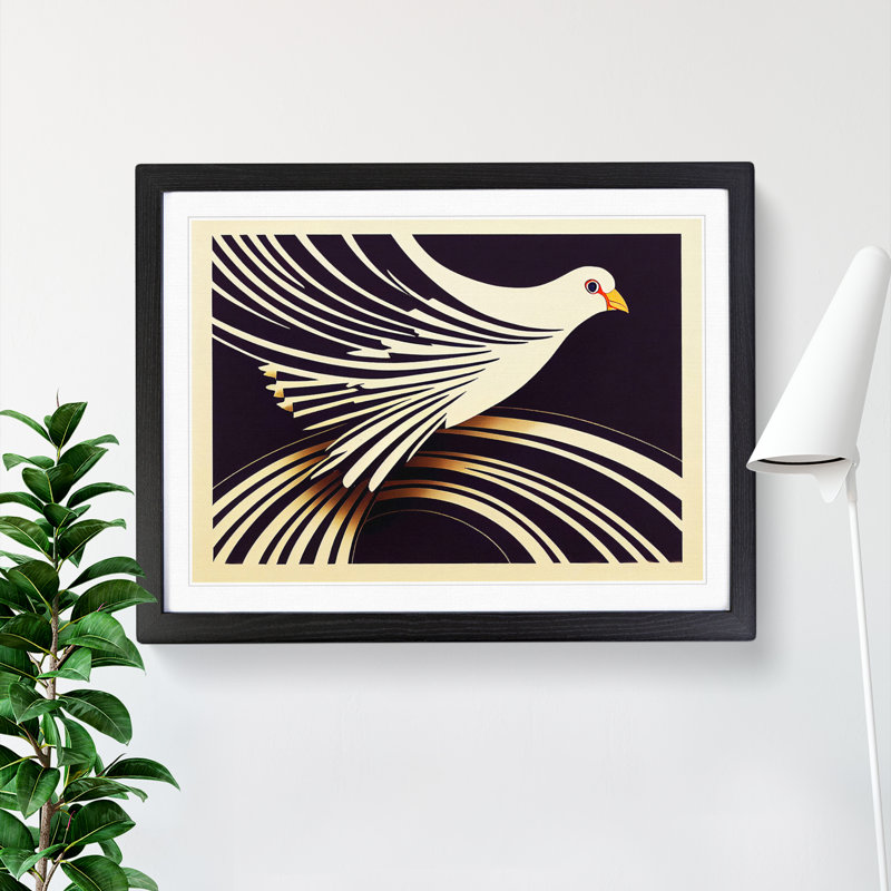 Art Deco Dove Bird Abstract - Single Picture Frame Print, Black, 46cm H x 64cm W