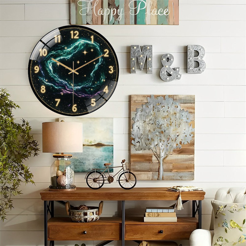 Horloge murale en verre cosmique-nébuleuse-horloge-flocons de neige 12 po