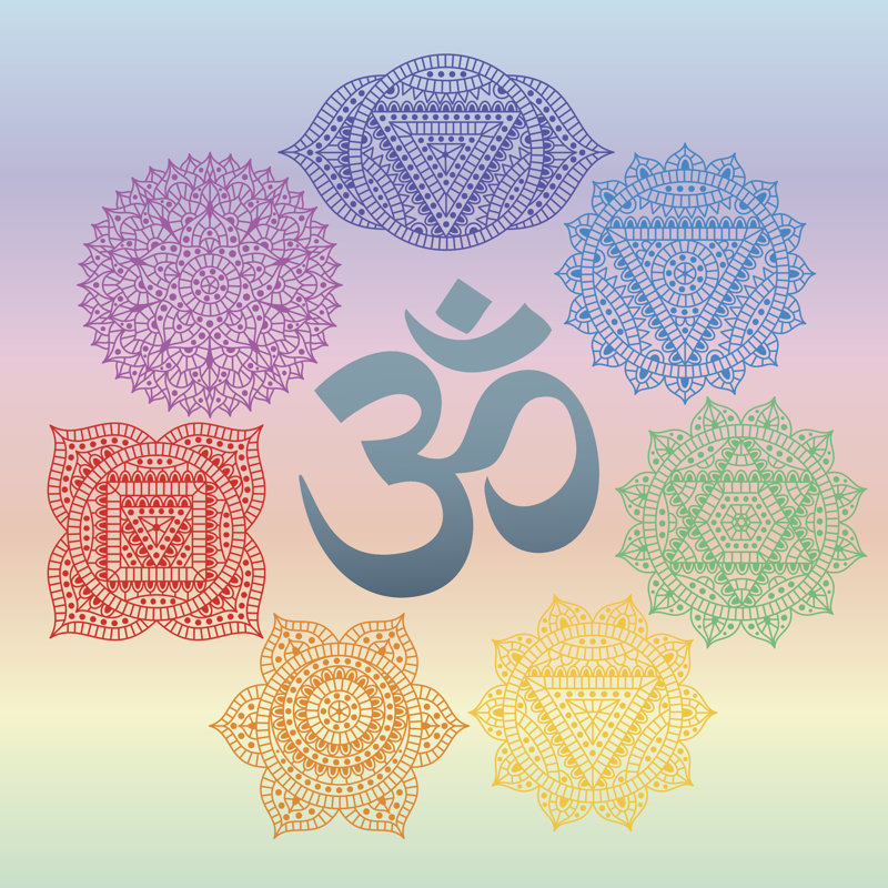 Set Of Seven Chakras And Symbol OM In The Centre by Klerik78 - Wrapped Canvas Print, 30cm H x 30cm W x 3.8cm D