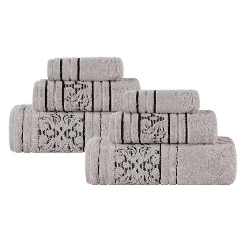 Ensemble de serviettes en coton uni et jacquard Sadie Zero Twist, Floral, Platine, Ensemble de serviettes - 6 pièces
