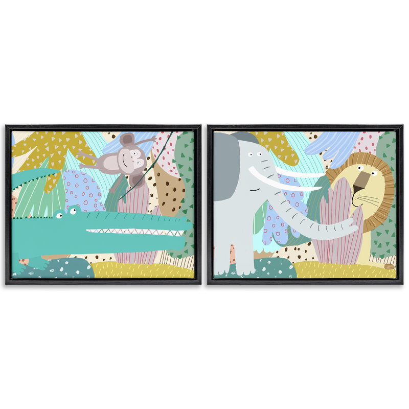 Cadre flottant 2 pièces Whimsical Wild Jungle Animals, design par Carla Daly, Cadre flottant noir de jais, H 17 po x l 21 po