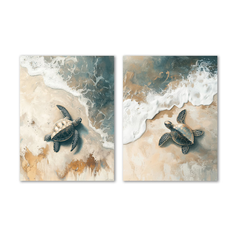 «Baby Turtle Trails on the Beach II», impression d'art mural en métal à 2 panneaux océan, 32" H x 48" W