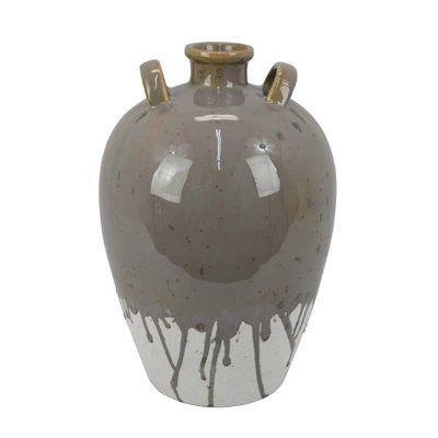 Caleb Accent Vase With Drip Pattern, Angled Handles Beige Gray Ceramic
