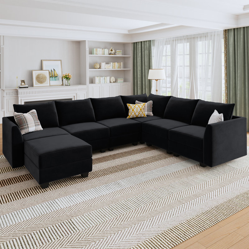 Tremee Velvet Modular U-Shaped Corner Sectional, Black Velvet