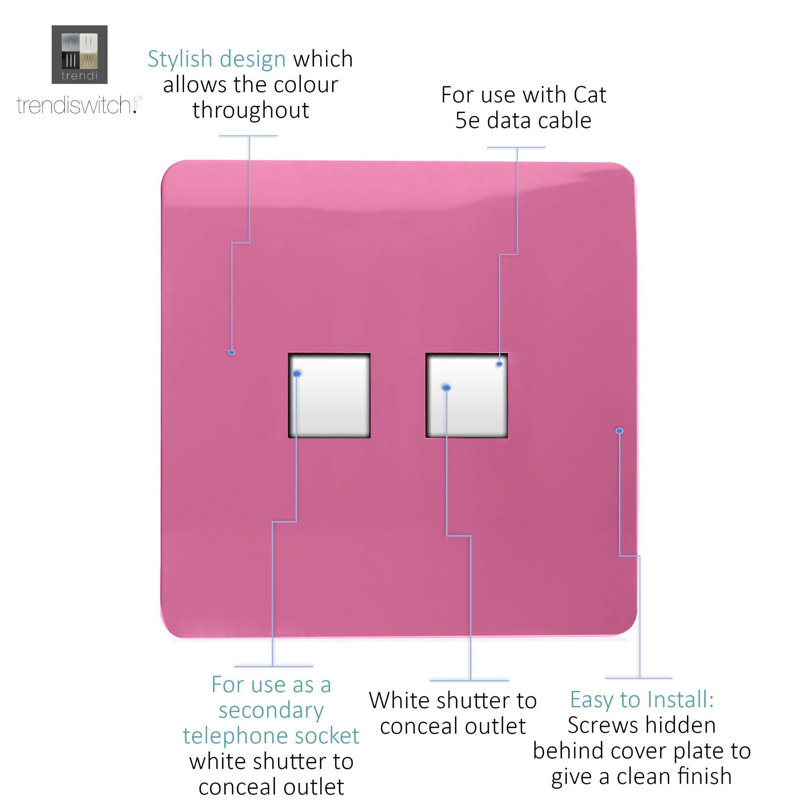 Trendi Switch 2 Gang RJ45 Cat 5e PC Ethernet & Telephone Sockets, Pink