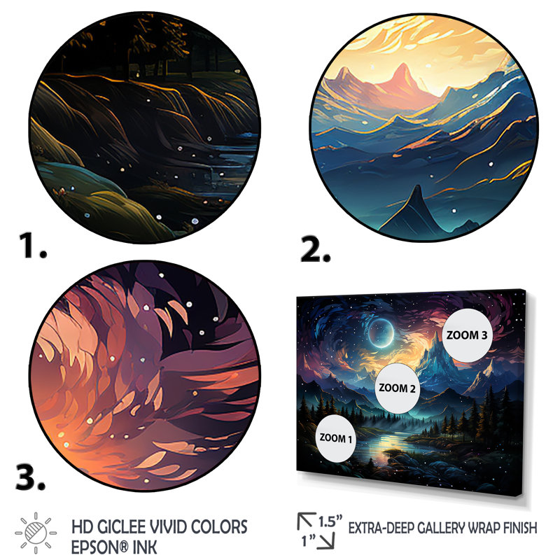 Jaune montagne lune galatique I - forêt, montagnes, art mural, Cadre flottant blanc, H 12 po x l 20 po x P 1 po