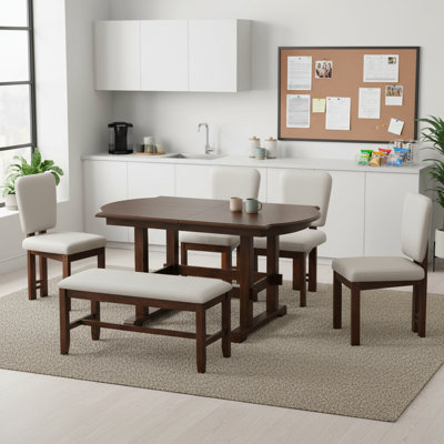 Extendable Breakroom Dining Table Set with 4 Upholstered Chairs and Bench Solid Wood, Seats 6 by 39F inc