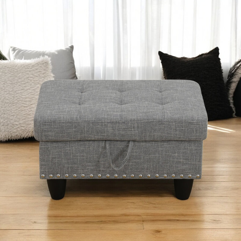  Repose-pieds de rangement rectangulaire à garniture cloutée de 28,5 po de largeur Ulanda, Lin gris