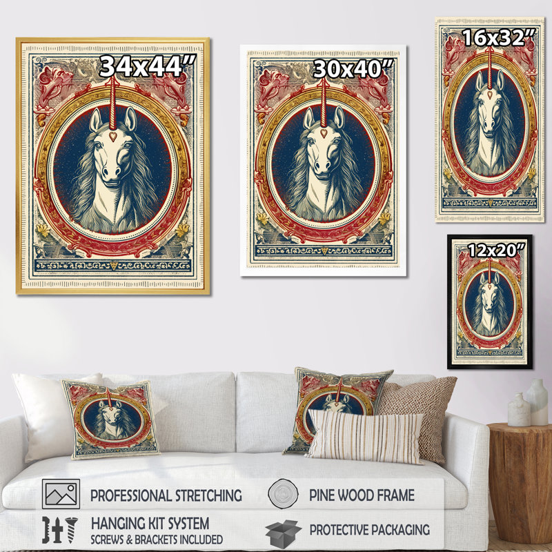 Illustration rétro de licorne sur toile, H 32 po x l 24 po x P 1 po, Cadre flottant noir