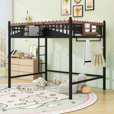 Metal Loft Bed with Bookshelf and Guardrails