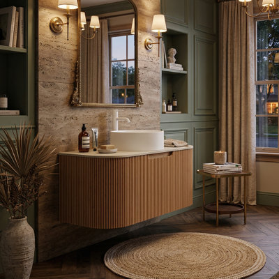Meuble-lavabo mural moderne, armoire cannelée en contreplaqué de 18 mm avec plateau en pierre frittée et lavabo rond, 24/30/36/48 po