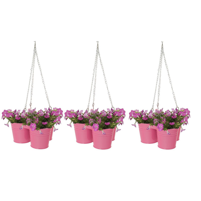 Enameled Galvanized Steel Triple Hanging Planter, Pink