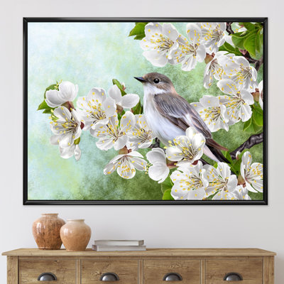 Oiseau gris sur une branche d'un arbre en fleurs - Peinture sur toile