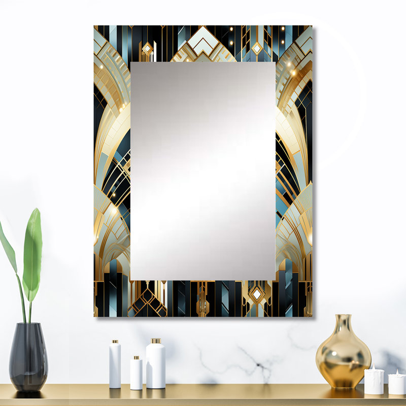 1970S Blue And Gold Damask Art Deco - marble  Wall Mirror, Modern Decorative Mirror, Printed Metal Art, 32" x 24"