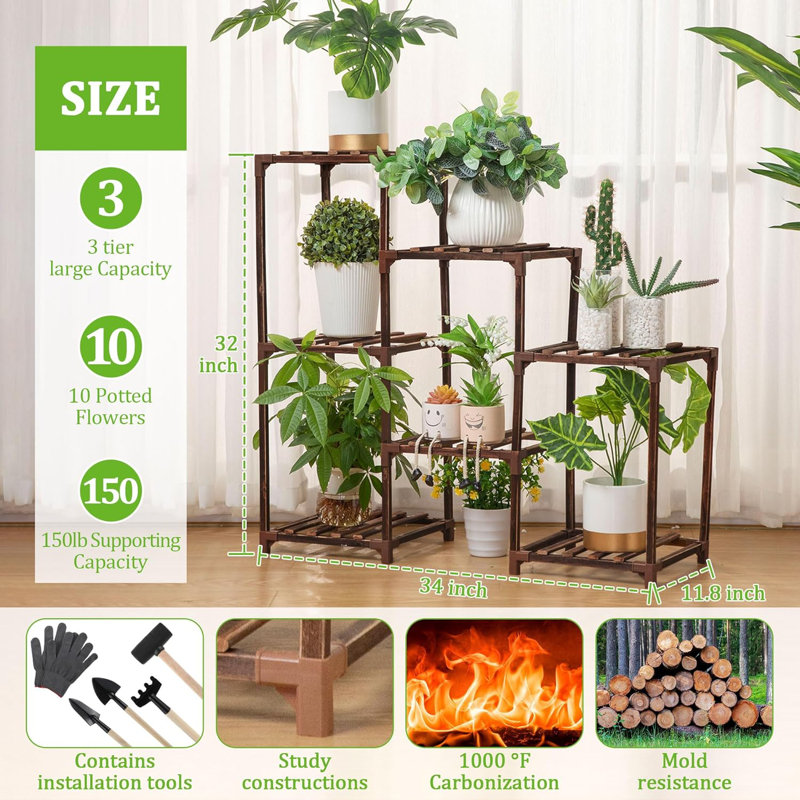 Tall Dark Brown Wooden Plant Stand with Full Spectrum Grow Lights