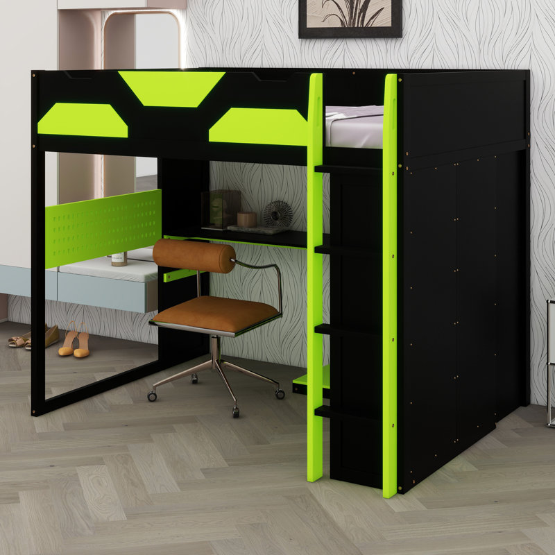 Functional Loft Bed With Study Desk, Multi-Tier Storage, USB Connectivity And Customizable RGB Lights, Green