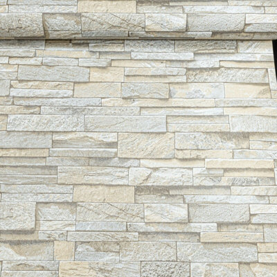  Slate Brick Effect Wallpaper Rustic Faux Stone Stacked Block Grey Beige Matt 05222-30