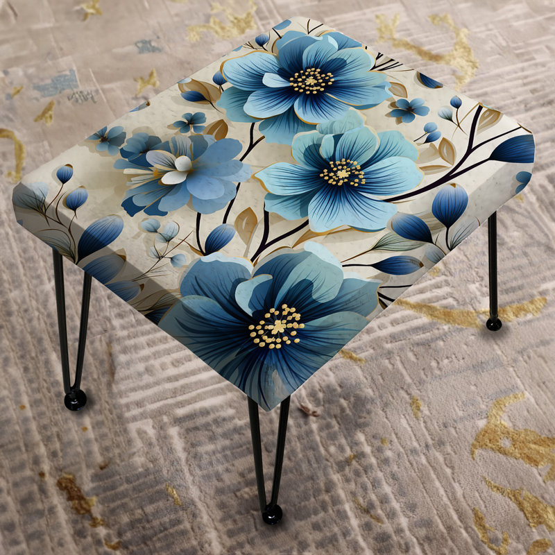 Blue Coastal Elegance Floral Pattern - Floral Rectangle Ottoman