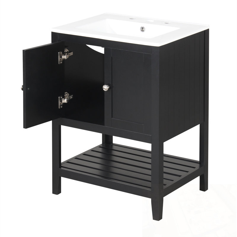 Lavabo de salle de bain en céramique avec tablette ouverte, Noir