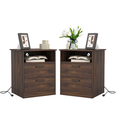 Ensemble de 2 tables de chevet modernes brunes - 2 tiroirs, USB-C et prises de courant AC Station de chargement pour la chambre à coucher