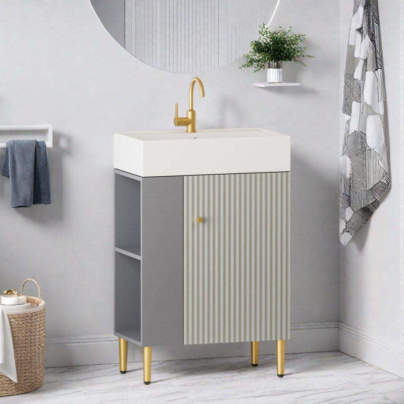 Meuble-lavabo à tablettes ouvertes 21,6 po avec lavabo en céramique et porte à fermeture douce, Gris