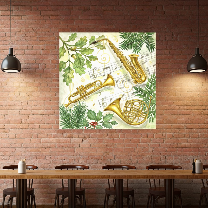 Christmas Music Instruments Traditional Contemporary Oak Pine Winter Wall Art Print, 121.92cm H x 121.92cm W