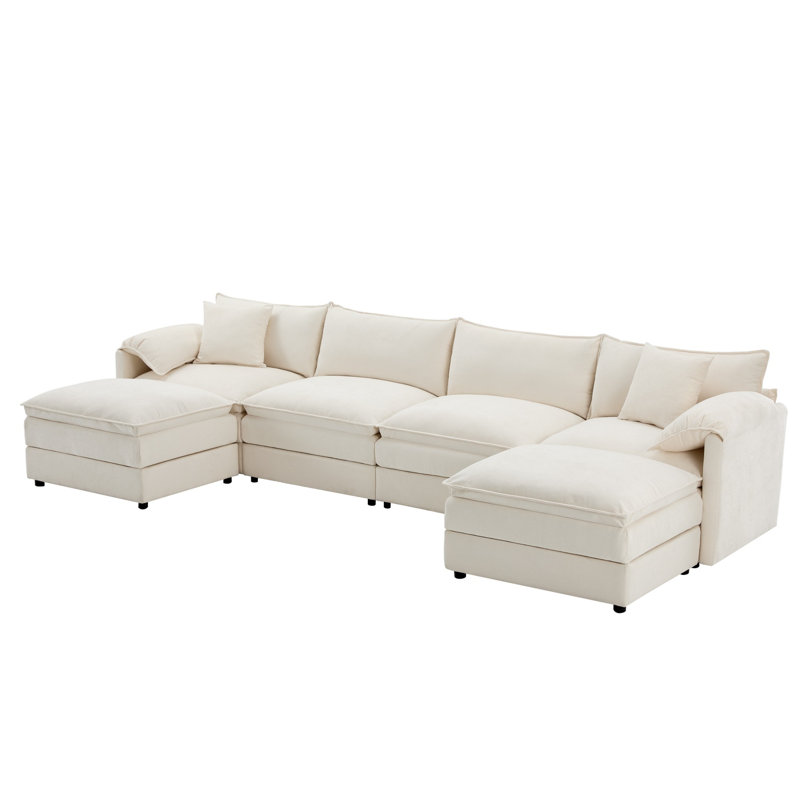 136" Chenille U Shaped Sectional Sofa Cloud Couch With Movable Ottoman, Cream Chenille