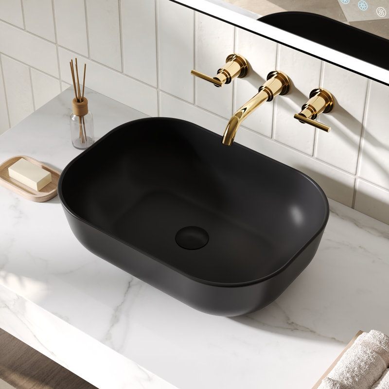 DeerValley Ceramic Vessel Bathroom Sink, Countertop Rectangular Basin, 50 x 40 x 14.5 cm, Black