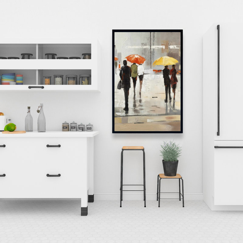 Abstract Passersby With Umbrellas Print On Canvas
