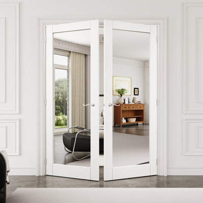 56" x 96" 1-Lite Mirror Interior French Door with Silver Hardware & Latch & Door Lever, One Side Mirror, Paintable & Waterproof, Suit for Laundry, Closet Doors, Room Doors, Assembly Required