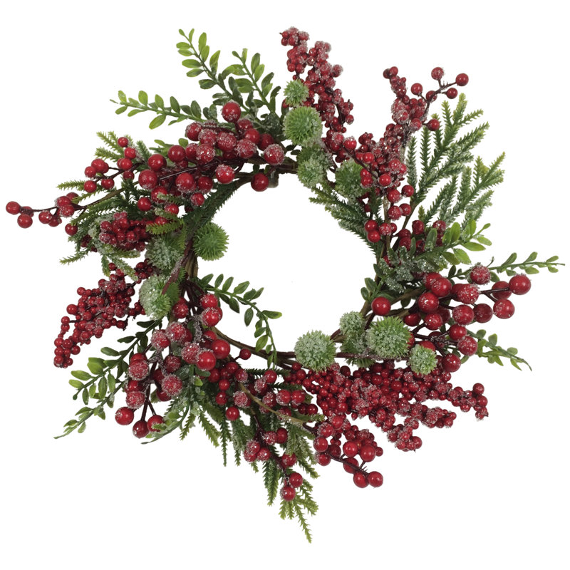 Artificial Frosted Red Berry and Pine Christmas Wreath, 16-Inch Unlit