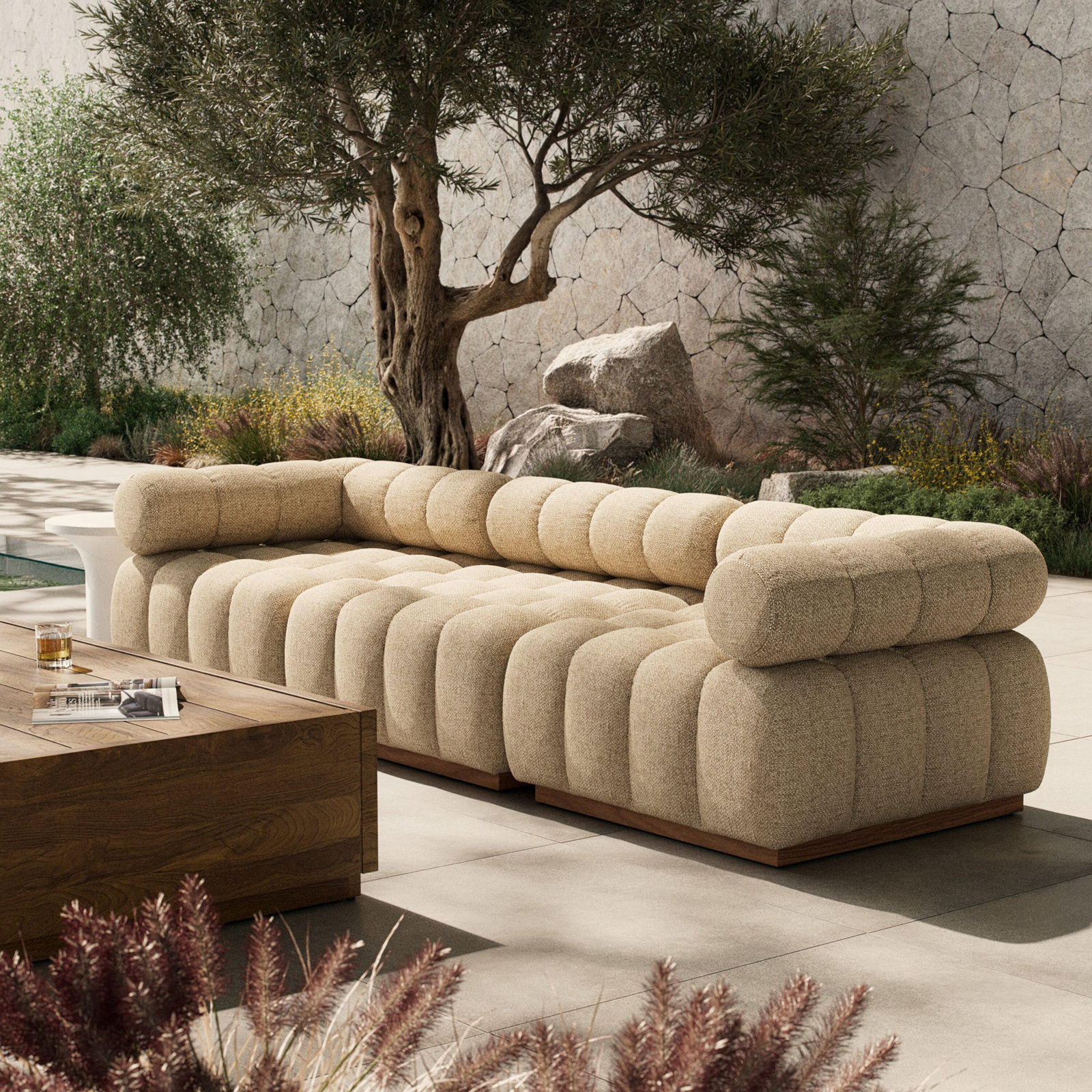 Martinique 73" Teak Patio Sectional, Hayes Cream Cushion/Stained Saddle Frame, Symmetrical
