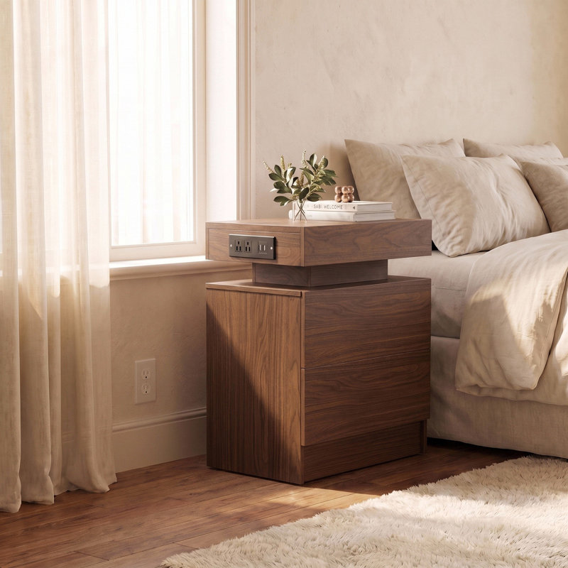 Westerly Modern Style Wooden Nightstand with LED Light and Storage Drawers, Walnut, 2