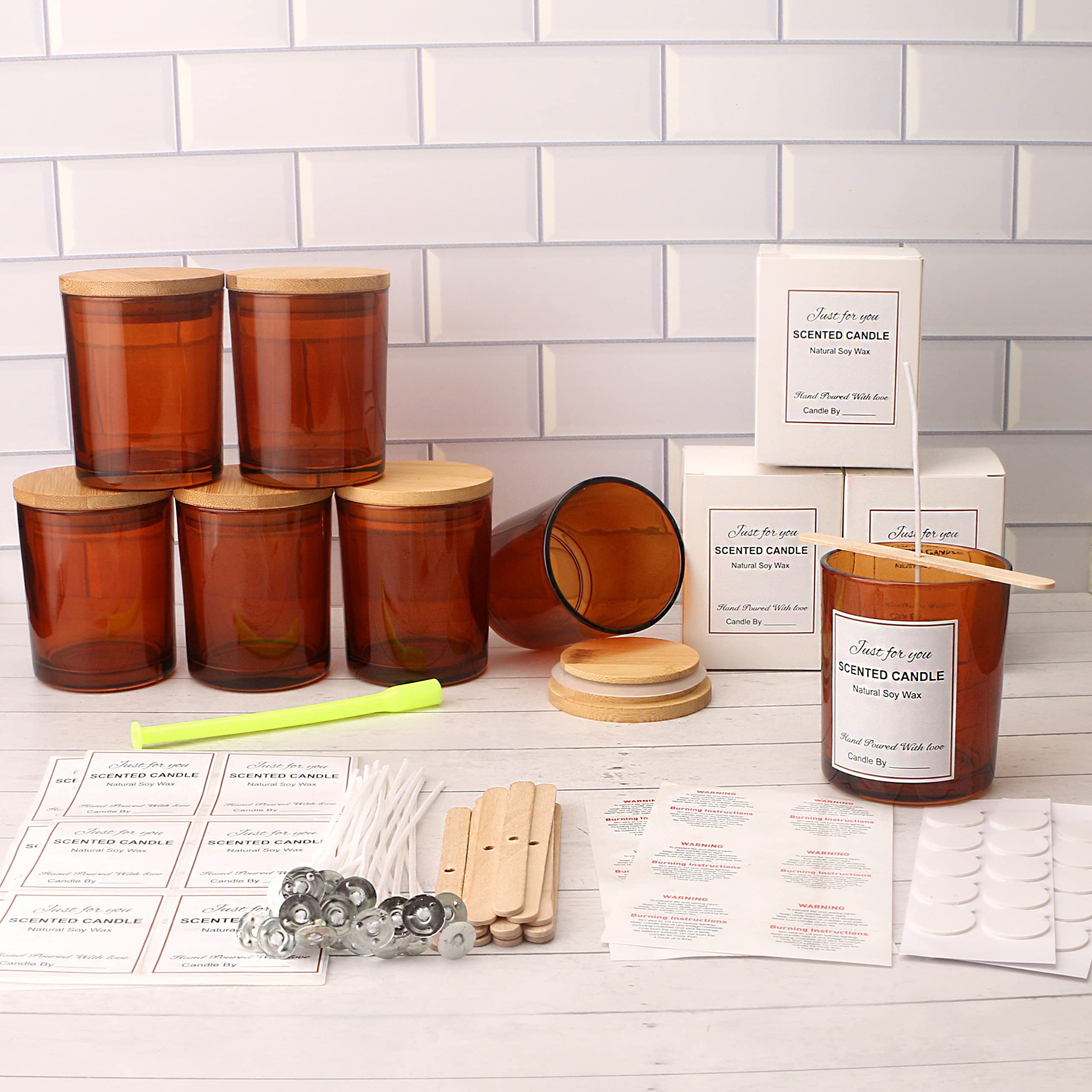 NIERBO 12 Pcs 10 Oz Amber Glass Candle Jars With Lids And Candle Making ...