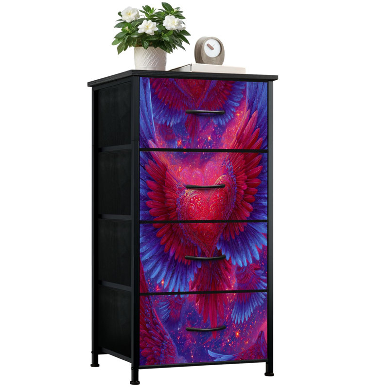 Commode romantique pour la chambre à coucher avec 4 tiroirs de rangement Cœurs rouges romantiques au milieu d'étoiles scintillantes