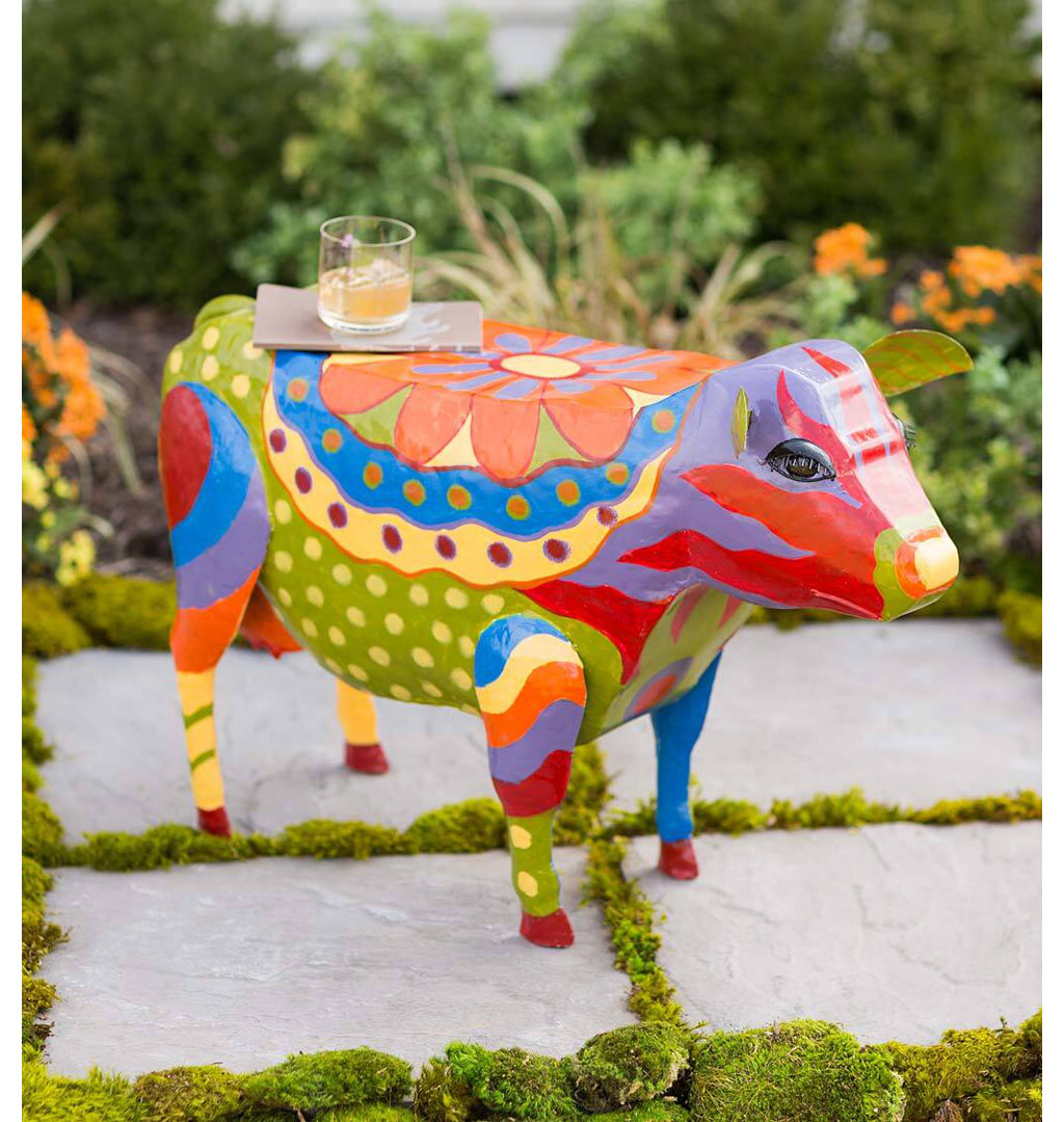 Mikito Handmade Painted Folk Art Cow Metal Side Table Bungalow Rose