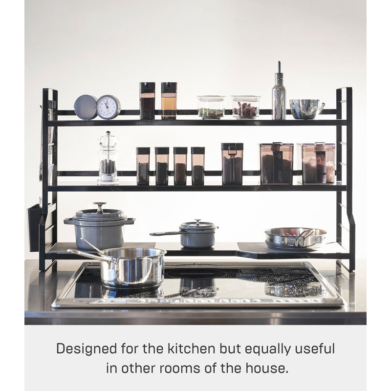 Modern Black Steel Countertop Kitchen Shelf with Gray Trivet Pads