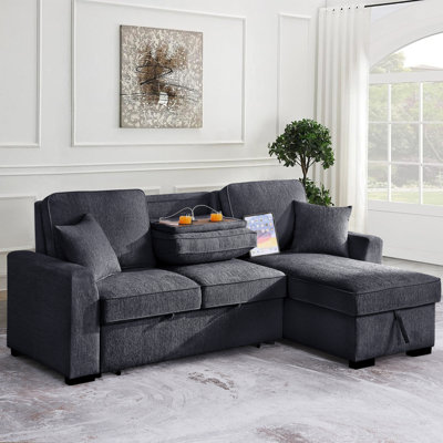 L-Shaped Reversible Sleeper Sofa with Storage Chaise and Fold-Down Cupholders