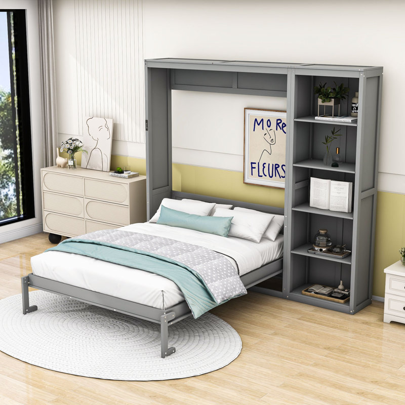 Lit escamotable en bois avec tablettes, conception pliable peu encombrante, Grand lit, gris
